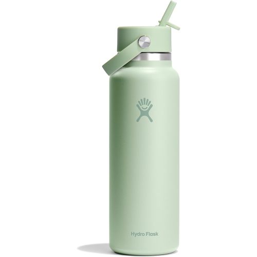 Hydro Flask Water Bottle - Insulated Stainless Steel - Wide Mouth Flex Straw Lid, Non Spill, Leakproof and Refillable in 40 Oz Aloe Green