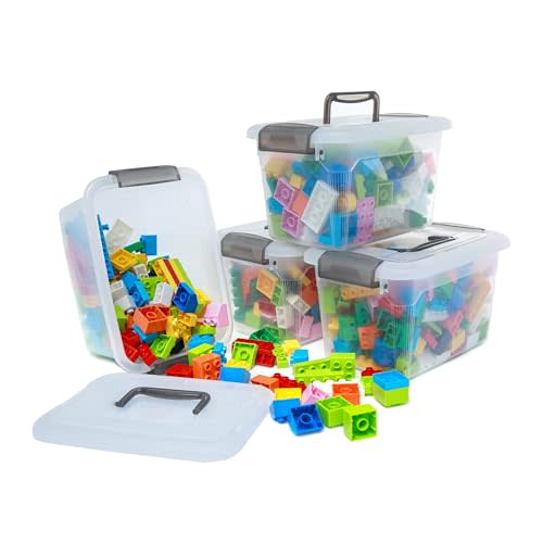 Citylife 4 Packs 6 QT Storage Bins with Lids Clear Plastic Bins with Grey Handle Stackable Storage Containers for Organizing