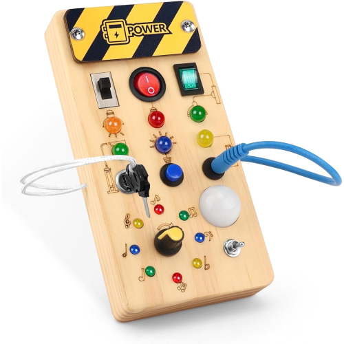 Montessori Wooden Busy Board with 8 LED Light Switches, Sensory Toys Light Switch Travel Toys for 1+ Year Old Baby and Toddler