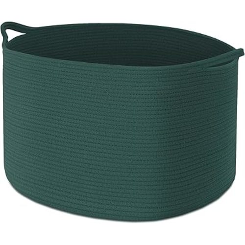 Maliton Woven Rope Basket for Blankets, Extra Large Storage Basket, Green Laundry Basket, Baby and Pet Toy Basket, Big Towel Basket, 22" x 22" x 14" Blanket Holder Bin, Cotton Rope Bin for Storage