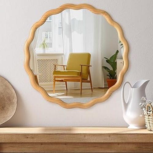 PERFNIQUE Scalloped Round Mirror 24", Wood Framed Nursery Wall Mirror with Tempered Glass, Decorative Wavy Edge Circle Mirror for Bedroom, Entryway or Living Room