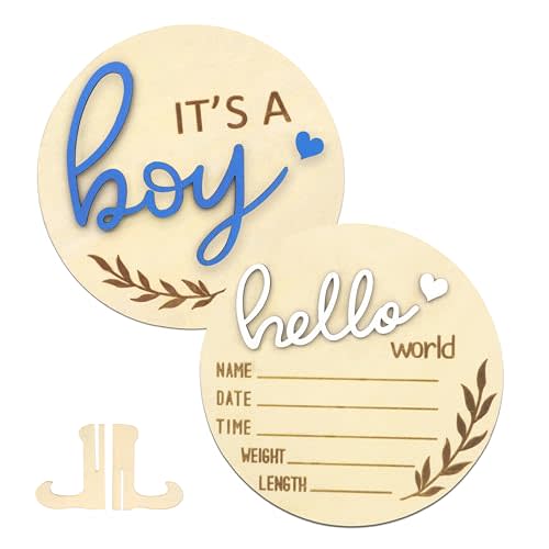 AINBIN Hello World Newborn Sign Boy, Gender Reveal Birth Announcement Sign, 2PCS Its a Boy and Hello World baby Welcome Board Wooden Name Announcement Plaque for Photo Props Baby Shower Hospital Nursery