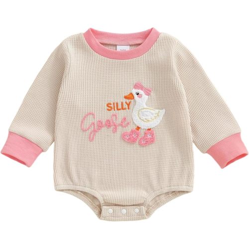 Baby Girl Silly Goose Clothes Long Sleeve Bubble Romper Waffle Bodysuit Fall Winter Outfit