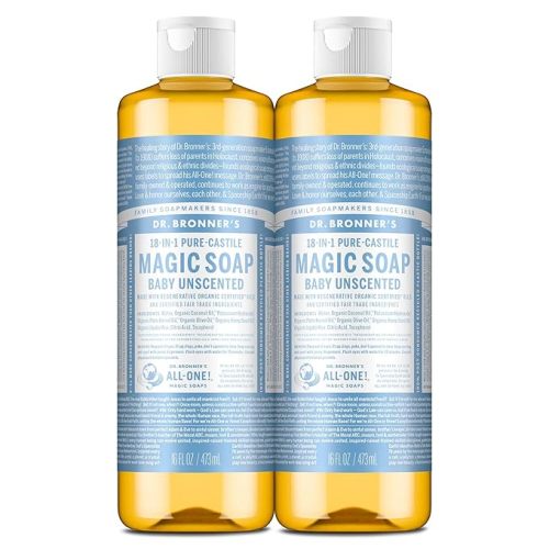 Dr. Bronner's Pure-Castile Magic Liquid Soap (Baby Unscented, 16 Ounce, 2-Pack)- Made with Regenerative Organic Certified Oils, For Face, Hair, Hand & Body Soap, Laundry, Pets- Concentrated, Vegan