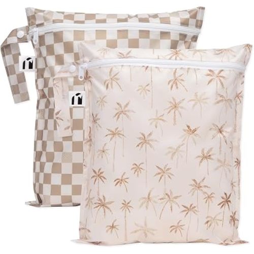 Bumkins Roamio - Waterproof Wet Bag - For Baby, Travel, Swim Suit, Cloth Diapers, Pump Parts, Pool, Gym, Toiletry, Strap to Stroller - Reusable & Easy to Clean - 2pk - Beige Check