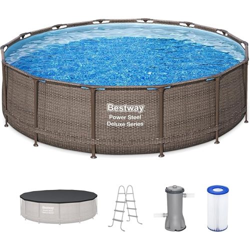Bestway Power Steel 14’ x 42” Round Above Ground Outdoor Backyard Swimming Pool Set with 1,000 GPH Filter Pump, Ladder, and Pool Cover