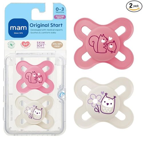 MAM Original Start Matte Baby Pacifiers 0-3 Months Newborns, BPA-Free Skin Soft Silicone Nipple, Developed with Medical Experts, Easy to Clean, 2 Count with Sterilizer Case