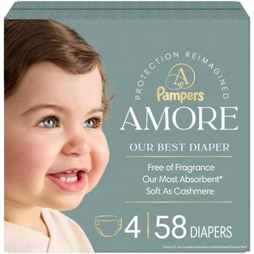 Pampers Amore, Size 4 (15-34 lbs), 58 Count, Our Best Diaper – Hypoallergenic & Fragrance Free, Up to 100% Leakproof, Soft as Cashmere