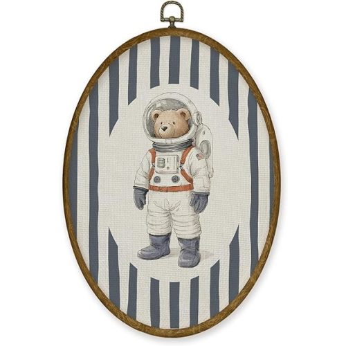 JMENGSSFL Vintage Bear Space Nursery Oval Wall Art Decor, Kids Room Canvas Prints, Blue Striped Astronaut Bear Adventure Framed Wall Art for Kids Baby Toddler Boy Room Playroom Decor, 8.6x11.4 Inch