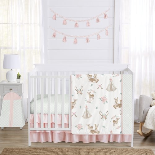 Sweet Jojo Designs Blush Pink Mint White Boho Watercolor Woodland Deer Floral Collection Girl 4-piece Crib Bedding Set
