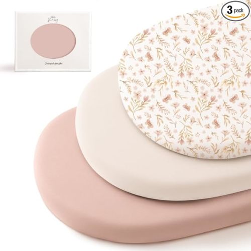 Konssy 3 Pack Stretchy Bassinet Sheets for Baby Girl Boy, Soft Breathable Baby Bassinet Mattress Sheets Fit for Hourglass Oval Cradle, Moses Basket Rectangle Mattress (Pink Spring)