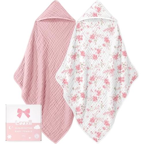 Looxii Baby Bath Towels 2 Pack Muslin Hooded Baby Towels for Newborn and Infants, 100% Cotton, Large 32x32Inch, Soft and Absorbent