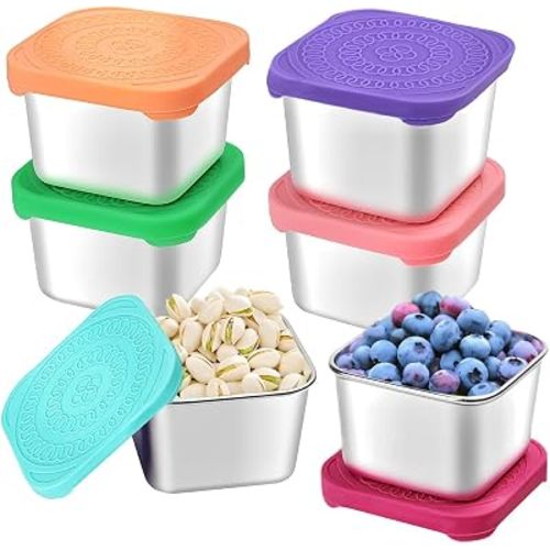 HTEVW 6 Pack Stainless Steel Snack Containers for Kids, 6 oz Toddler Snack Containers with Silicone Lids, Reusable Leak Resistant Food Containers for School Lunch, Daycare, Travel & Portion Control
