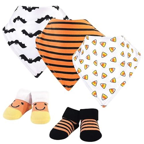 Hudson Baby Unisex Baby Cotton Bib and Sock Set, Candy Corn, One Size