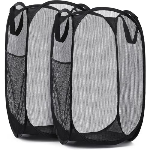 Handy Laundry Collapsible Mesh Pop Up Hamper with Wide Opening and Side Pocket - Breathable, Sturdy, Foldable, and Space-Saving Design for Clothes and Storage (Black | 2-Pack)
