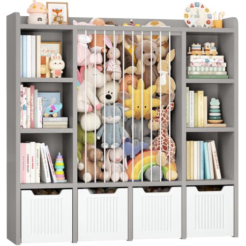 ONBRILL 3-in-1 Toy & Stuffed Animal Storage, 4 Movable Toy Chest, Grey | Toy Storage Organizer with 6 Open Cubbies, Kids Bookshelf for Kids Room, Playroom Bedroom, Rounded Corners & Anti-Tip