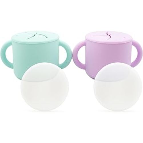 WeeSprout Snack Containers, Food Grade Silicone Cups, Spill-Proof Tops For Toddlers and Babies, Premium Hard Plastic Travel Lids, Dishwasher Safe, Set of 2 Snack Catchers