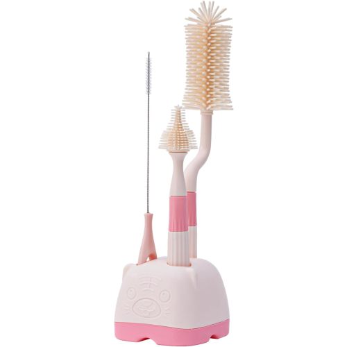3 in 1 Baby Silicone Bottle Brush Set, Multipurpose Bottle Cleaner, Bottle Brush with Storage Holder, Food Grade Silicone, Effortless Scrubbing, Baby Bottle Cleaning Brush (Cream)
