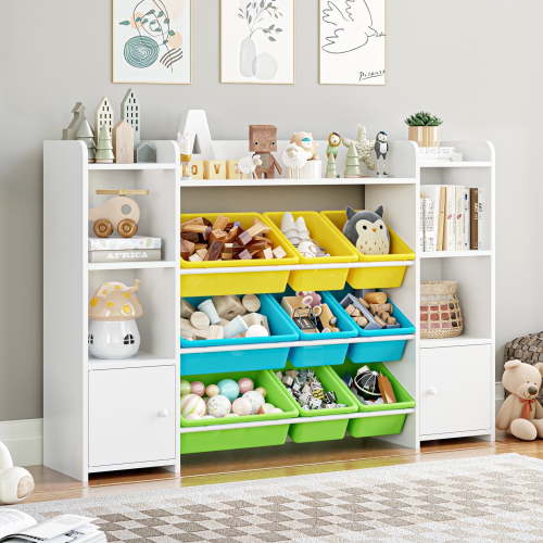 Homfa Kids Toy Organization Cubby Bookcase with 9 Bin, 2 Door White Storage Organizer Bookshelf for Children Room Playroom