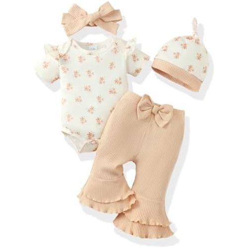 Renotemy Newborn Baby Girl Clothes Infant Romper Spring Summer Outfits Gifts Bell Bottoms Pant Sets for Girls Preemie-12Month