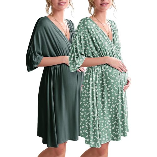 Ekouaer 3 in 1 Labor/Delivery/Hospital Gown 2 Pack Maternity Dress Nursing Nightgown Sleepwear
