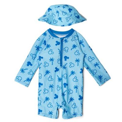 Disney Mickey Mouse Baby Boys' Allover Print Raglan Zip Front Rash Guard and Bucket Hat Bathing Suit Set Light Blue 6-9 Months