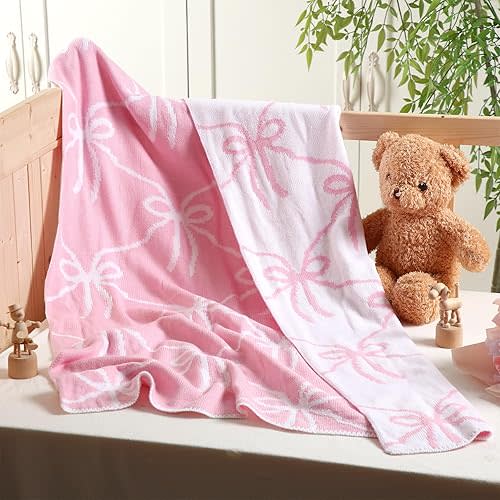 Pink Bow Knit Swaddle Blanket for Girls, Cotton Soft Cozy Lightweight Receiving Swaddle Crib Stroller Blanket for Shower Gift Registry for Newborns Infants Toddlers, 30 x 40 Inches