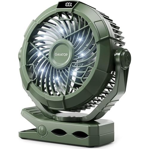 Gaiatop Portable Camping Fan with LED Lantern, 360°Rotation and Clip on for Desk, 4000mAh USB Rechargeable Battery Powered, Digital Display and Hanging Hook for Tent Outdoor Travel Bedroom Green