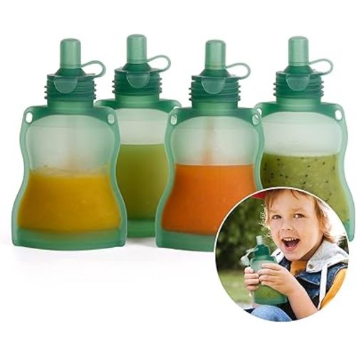 haakaa Silicone Refillable Squeezy Baby Food Yummy Pouch Homemade Organic Food for Babies/Toddlers/Kids, 4 Pack 4 oz, Pea Green