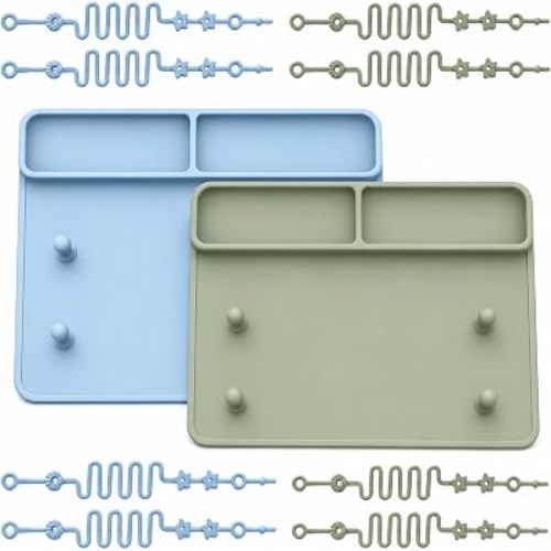 2 Pack Baby Silicone Mat with Suction Base & 8 Stretchable Straps, Lovbaby Baby Placemats, Portable Anti-Drop Activity Mat for High Chair & Table, Keeps Pacifiers & Toys Clean (Sage+Ether)