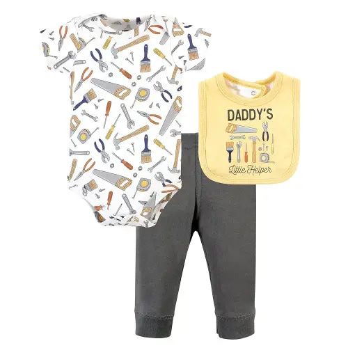 Hudson Baby Unisex Baby Cotton Bodysuit, Pant and Bib Set, Construction Work, 3-6 Months