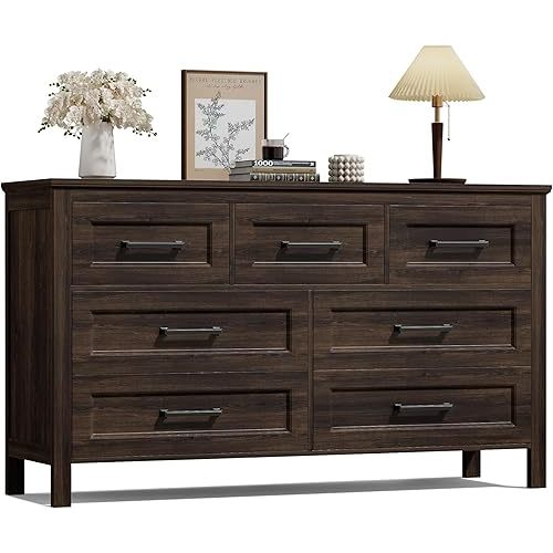 JUMMICO Brown Dresser with 7 Drawers, Wooden Chest of Drawers for Bedroom, Tall Closet Storage Organizer Cabinet for Living Room, Hallway, Closet