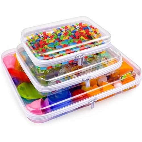 AOBOPLE Clear Hard Shell Zipper Case,3PCS M+L+XL(13.78"x11.8"+9.8"x7.87"+8.66"x6.1") Large Toy Storage Bags,Plastic Transparent Hard Zipper Case Travel Waterproof Organizer Bags for Puzzles,Cosmetics