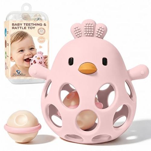 Tinabless Baby Teether Rattle Toys, 2-in-1 Easy Grip Silicone Teething for Babies 3-12 Months, BPA-Free Sensory Chew Toy for Sore Gums, Infant Gift (Pink w/Rattle)