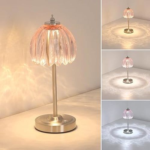 Tulip Table Lamp with 5200mAh Battery & Touch Control, Cordless Small Table Lamp with 3 Colors, Dimmable Rechargeable Table Lamps for Living Room, Bedroom, Desk, Bedside (Clear Pink Tulip)