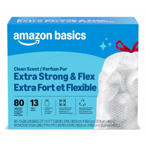Amazon Basics Ultra-Force Tall Kitchen Drawstring Trash Bags, Classic Clean Scented, 13 Gallon, 80 Count, Pack of 1, Packaging May Vary