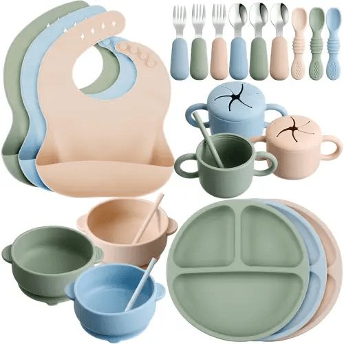24 Pack Silicone Baby Feeding Set Baby Led Weaning Supplies Includes Suction Divided Plates Soft Bowl Spoons Forks Adjustable Bib Snack Cup and Straws for Baby Self Eating Feeding Supplies, 3 Colors