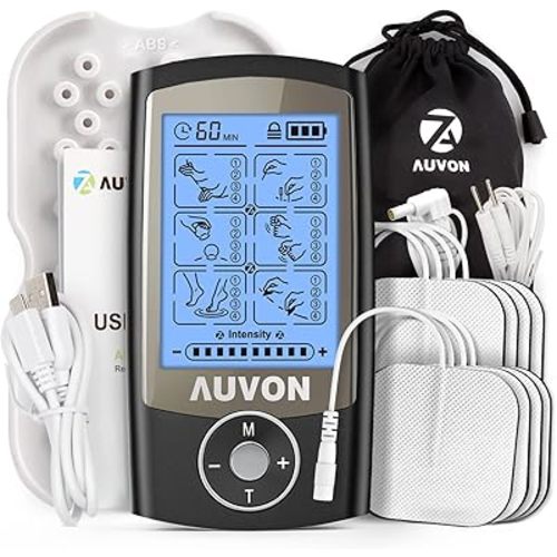 AUVON Rechargeable TENS Unit Muscle Stimulator, 24 Modes 4th Gen TENS Machine with 8pcs 2"x2" Premium Electrode Pads for Pain Relief