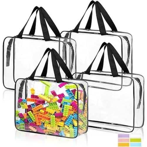 4 Pack Toy Storage Bags, Clear PVC Toy Organizer with Zipper, Large Black Waterproof Reusable Toy Bags with Labels for Puzzles, Building Blocks, Board Game, Stationery, Kids Books