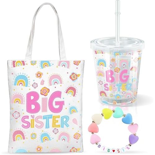 3 Pcs Big Sister Gift Set - Pink Insulated Acrylic Tumbler, Mini Canvas Tote Bag, Bracelet for Girls - Birthday Gift