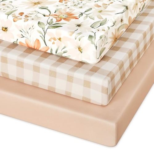 Pack and Play Sheets Fitted 3 Pack, Mini Crib Sheets for Pack N Play Mattress Stretchy Portable Playard Sheets, Soft Breathable Orange Flowers & Plaid
