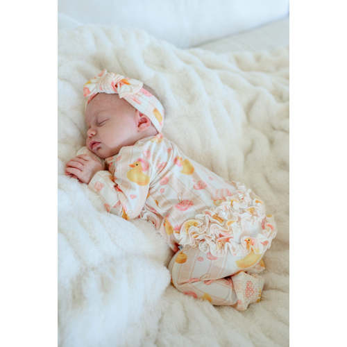 Knit Large Bow Headwrap in Bubble Duckies Pink | Caden Lane