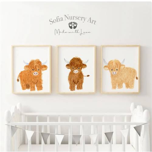 Highland Cow Nursery Art, Farm Nursery Decor, Highland Cow Wall Art, Highland Cow Print Set 3, Farm Baby Animal, Calf, Baby Bedroom