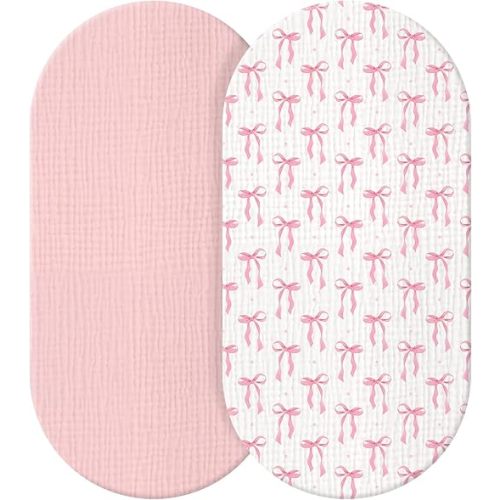 Breling 2 Pcs Muslin Pink Bow Bassinet Sheets for Baby Girl Soft and Breathable 100% Cotton Bassinet Baby Bed Sheets Fitted Coquette Bow Mattress Cover for 32''x 16'' Oval Cradle