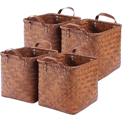 11x11x11 Laundry Baskets Hampers, Wicker Storage Baskets for Shelves, Woven Basket for Blankets, Clothes, Organizer Storage Bins with Handles, Set of 4-Brown