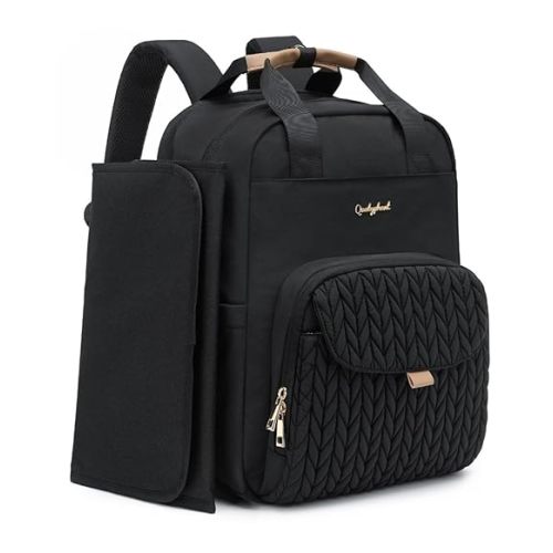 Extra Large Diaper Bag Backpack for Two Kids Twins - Expandable (26-36L) Baby Bag for Mom Girls Boys, Dual Big Compartments - Includes Changing Pad & Stroller Straps, Black, Quilted