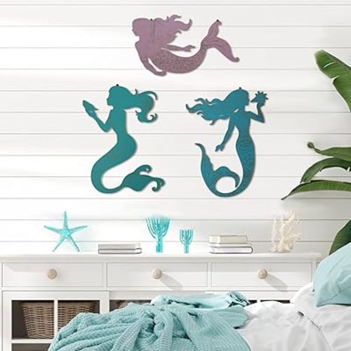 Qunclay Set of 3 Mermaid Wall Bathroom Decor Wooden Silhouettes Mermaid Art Hanging Farmhouse Ocean Themed Wall Decorations for Bedroom Room Accessories Rustic Elegant