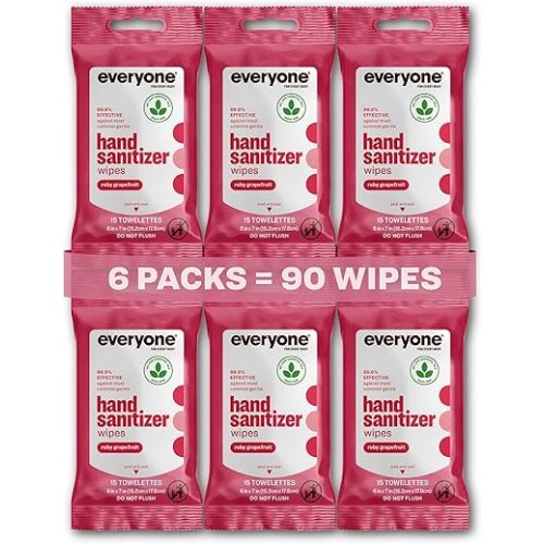 Everyone Hand Sanitizer Wipes, 15 Wipes (Pack of 6), Ruby Grapefruit, Made with Sugarcane Derived Alcohol with Essential Oils, TSA friendly