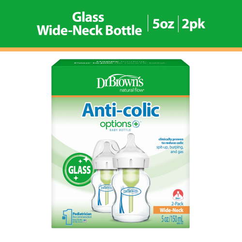 Dr. Brown's Anti-Colic Options+ Wide-Neck Glass Baby Bottle, 5oz, Slow Flow Nipple, BPA Free, 0m+, 2-Pack