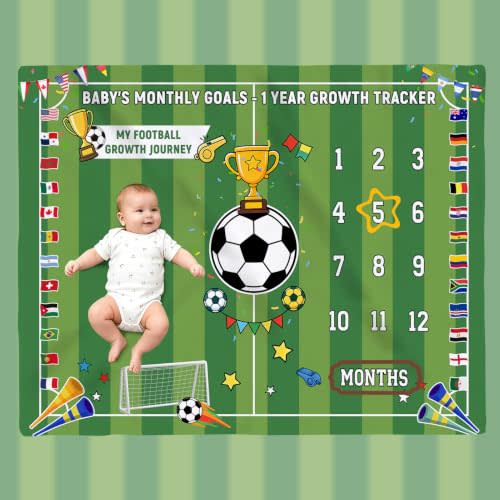 Football Soccer Baby Monthly Milestone Blanket for Boys 50"x40" World Cup Football MVP Baby's 1-12 Months Growth Chart Photo Prop, Sports Newborn Shower